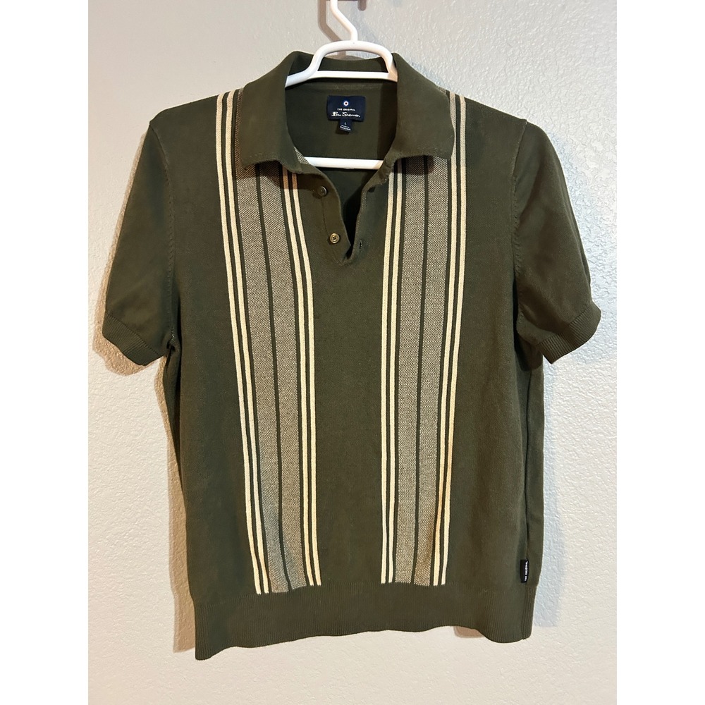 Ben Sherman Mens Large Olive Green Vertical Stripe Knit Polo Short Sleeve Shirt